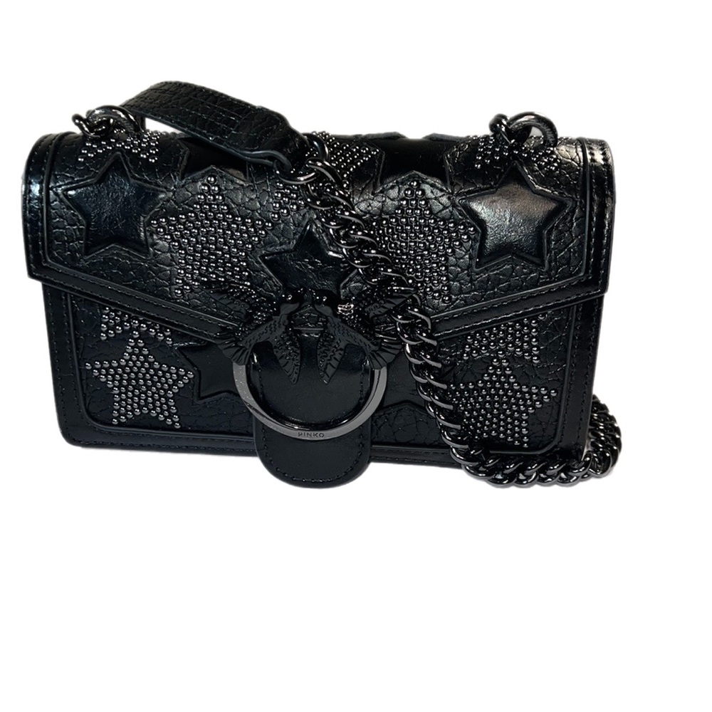 Pinko Crossbody Starry Skies Love Stud Black Leather Bag Silver Chain 8”x5” - Picture 2 of 15